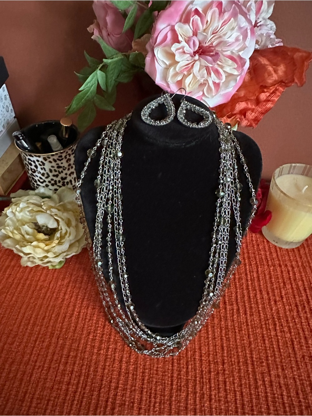 Rare Multi-Strand Silver and Black Beaded Necklace with Crystal Earrings